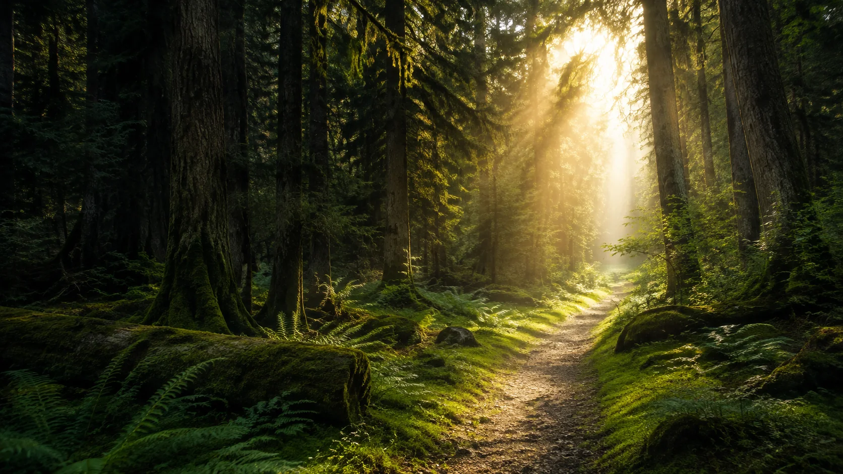 A sunlit path through an ancient evergreen forest.