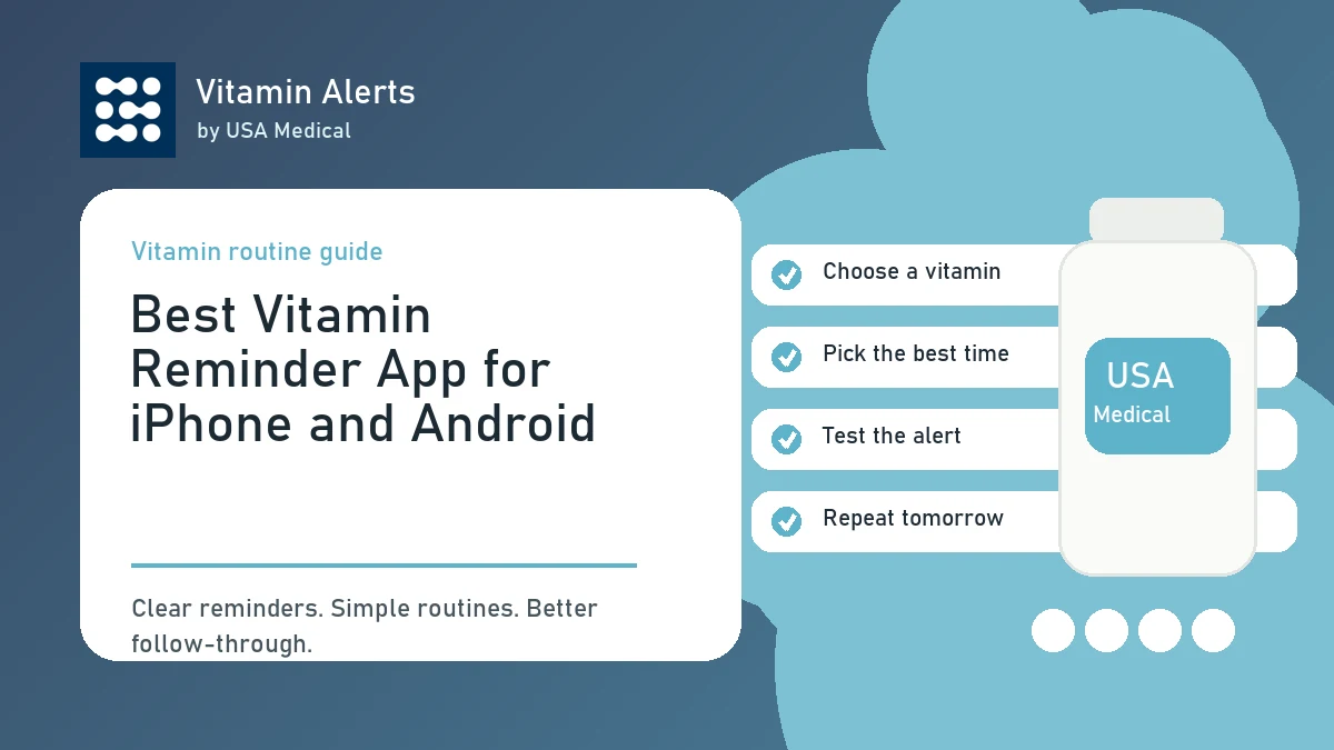 Vitamin Alerts app setup for adding a vitamin and choosing a reminder time.