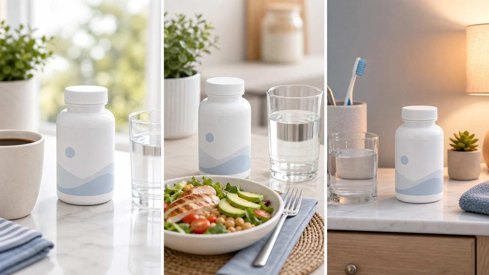 Simple vitamin routine options for morning, afternoon, and night.