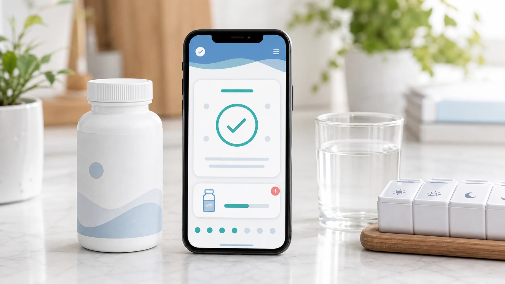 A reminder app concept with a completed dose checkmark and a low-stock supply alert.