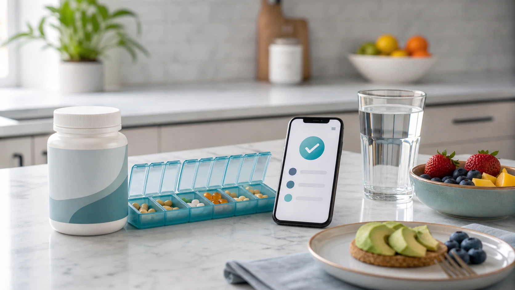 Simple daily vitamin reminder setup with supplements, water, and phone alert.