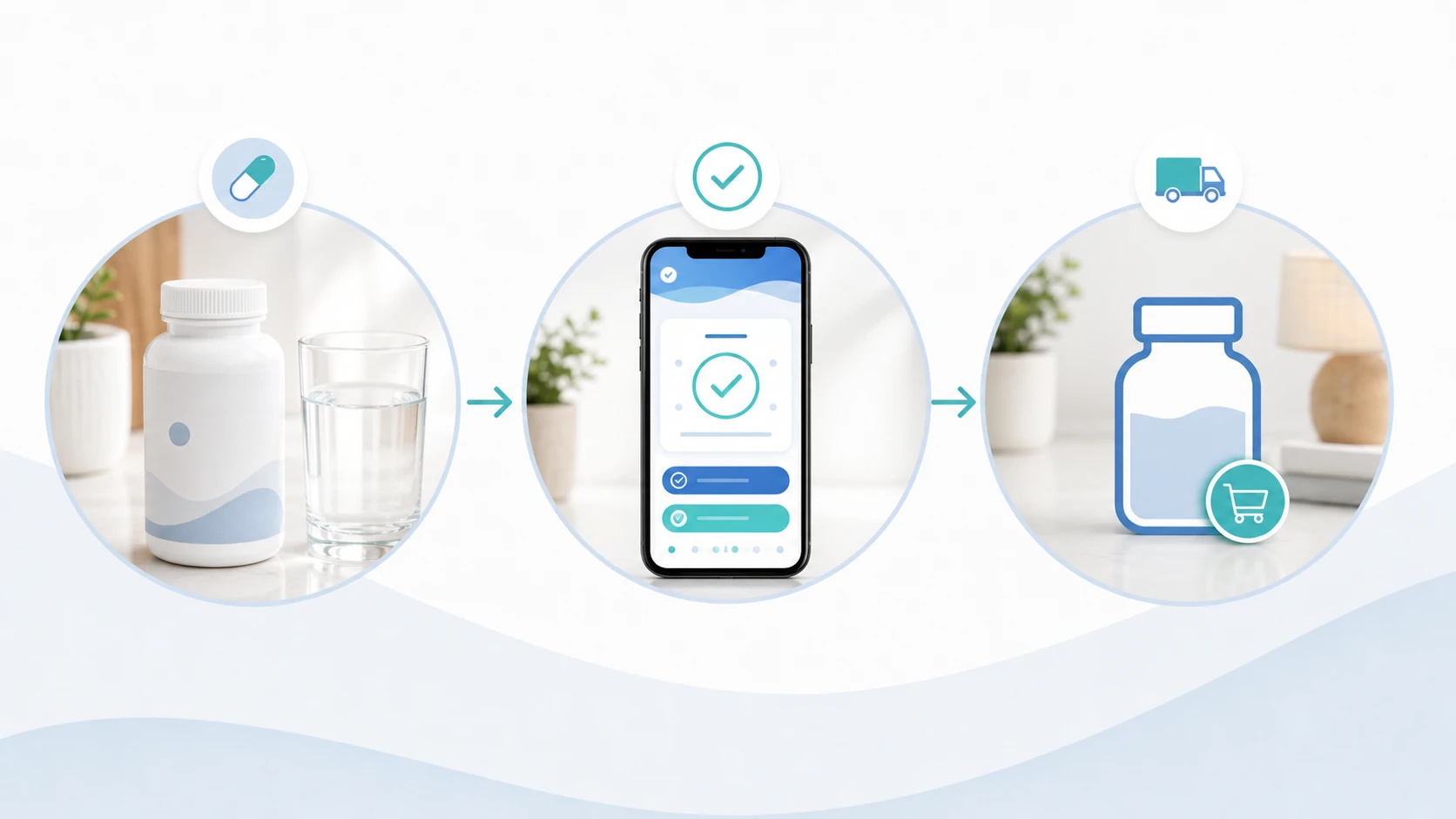 A simple three-step system: take vitamins, mark them complete, and refill before the bottle is empty.