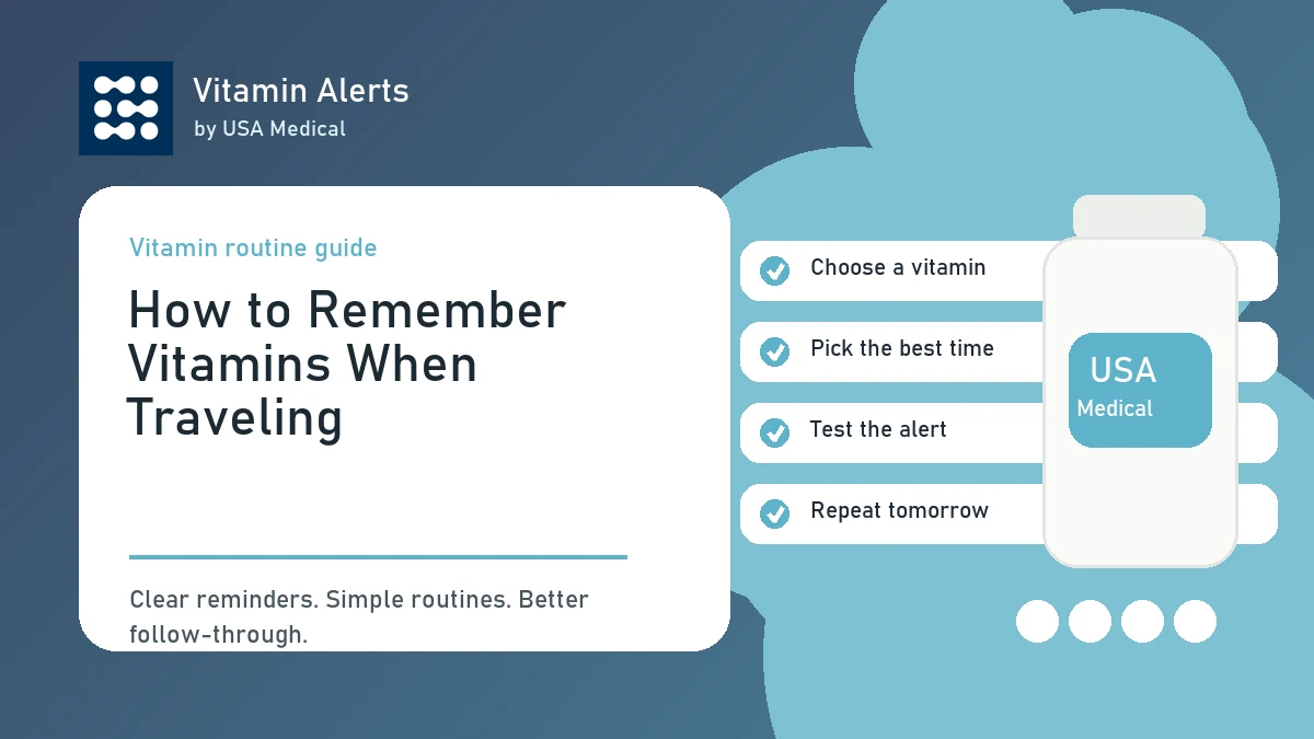Travel vitamin reminder setup with supplement organizer, passport, water, and phone alert.