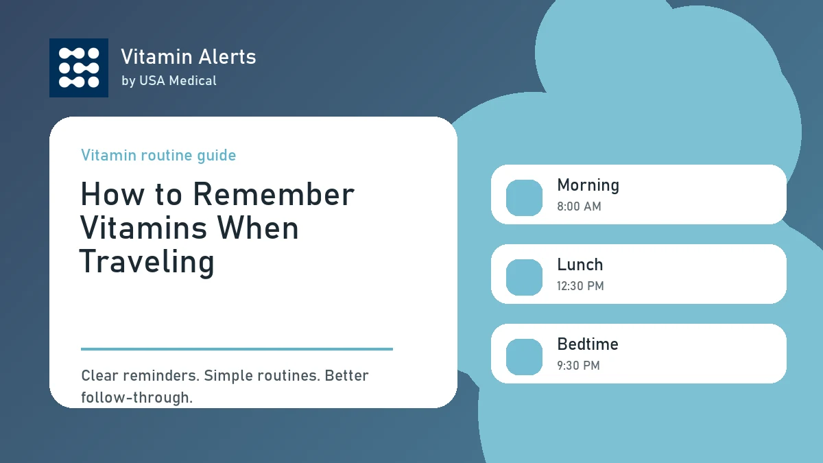 How to remember vitamins while traveling with morning, travel day, and bedtime routines.
