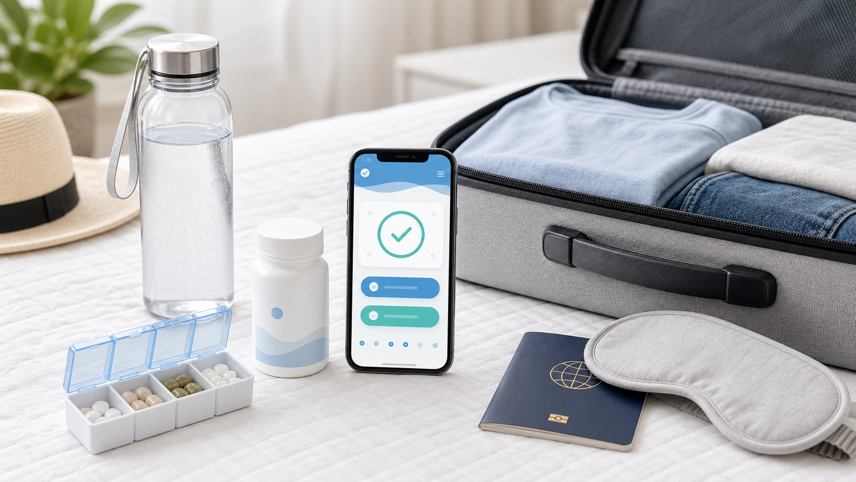 A travel vitamin setup keeps supplements, reminders, and water easy to find away from home.
