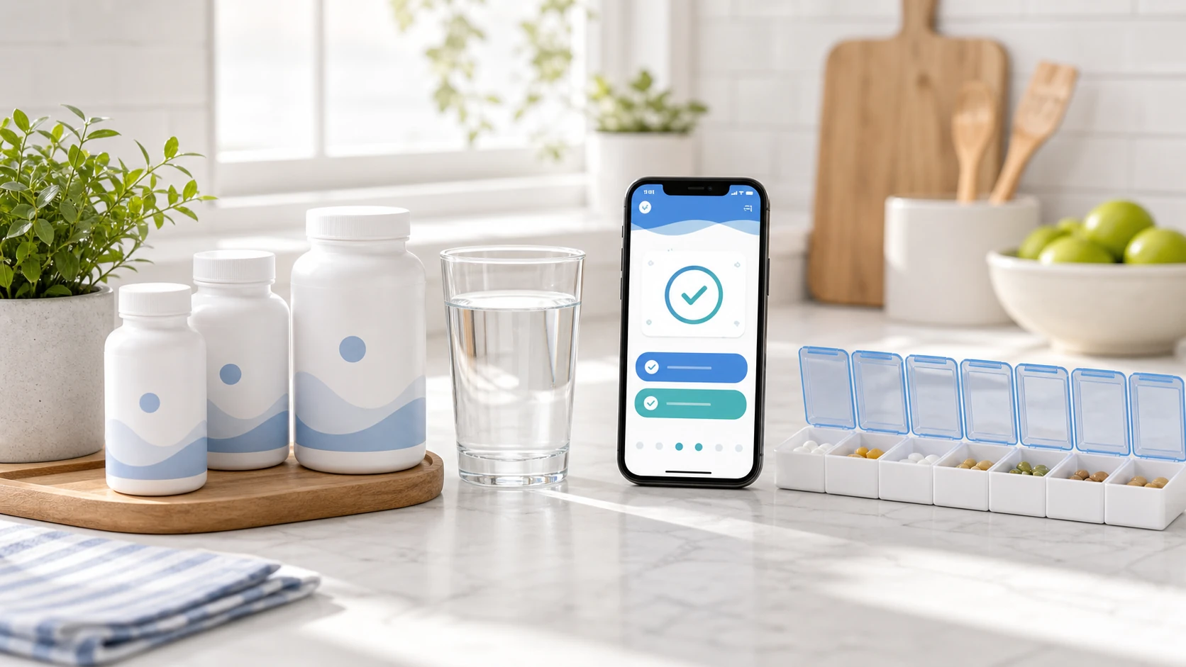 Simple daily supplement station with vitamins, water, and a phone reminder.
