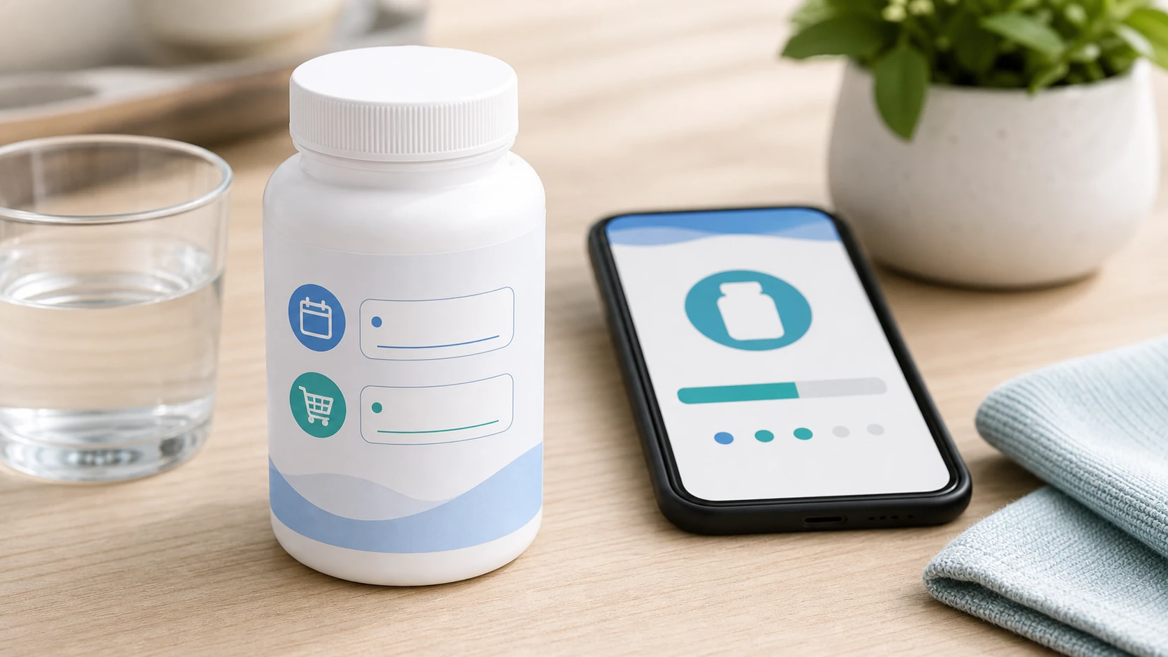 A bottle label with an opened date and reorder point makes supply tracking clear.