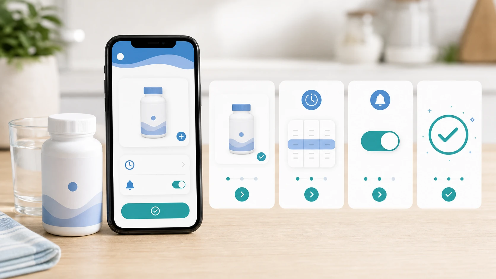 Vitamin Alerts app setup showing how to add a vitamin and choose a reminder time.
