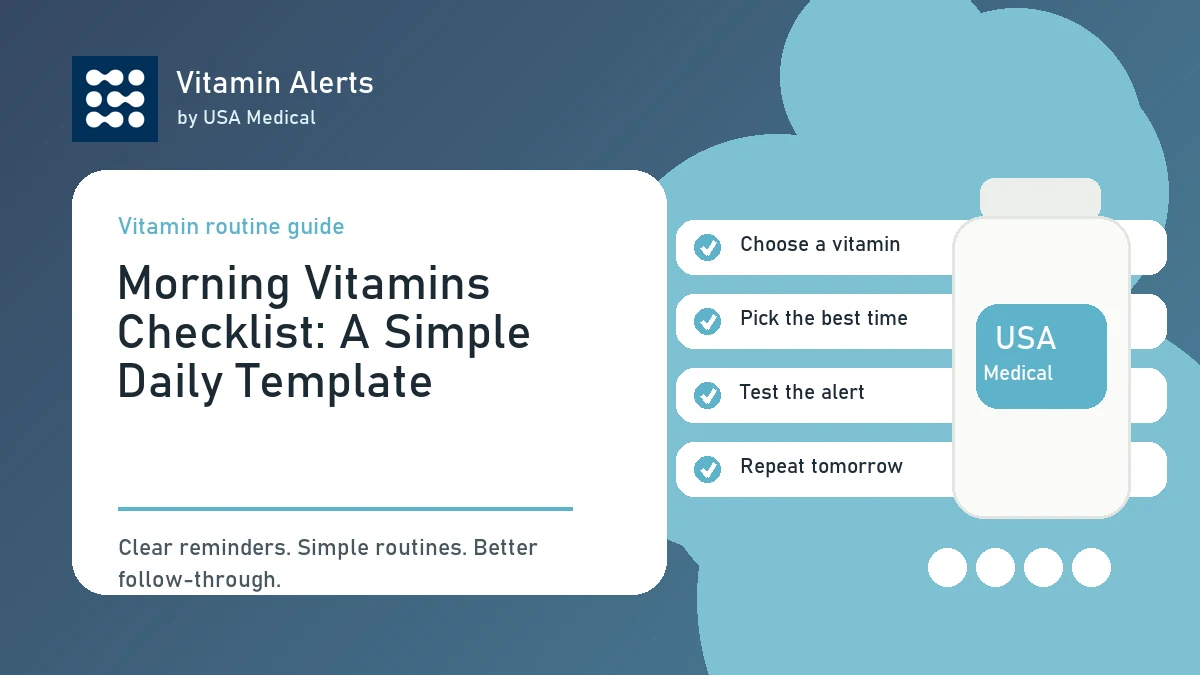 Morning vitamins checklist with supplement bottles, water, and a Vitamin Alerts reminder.