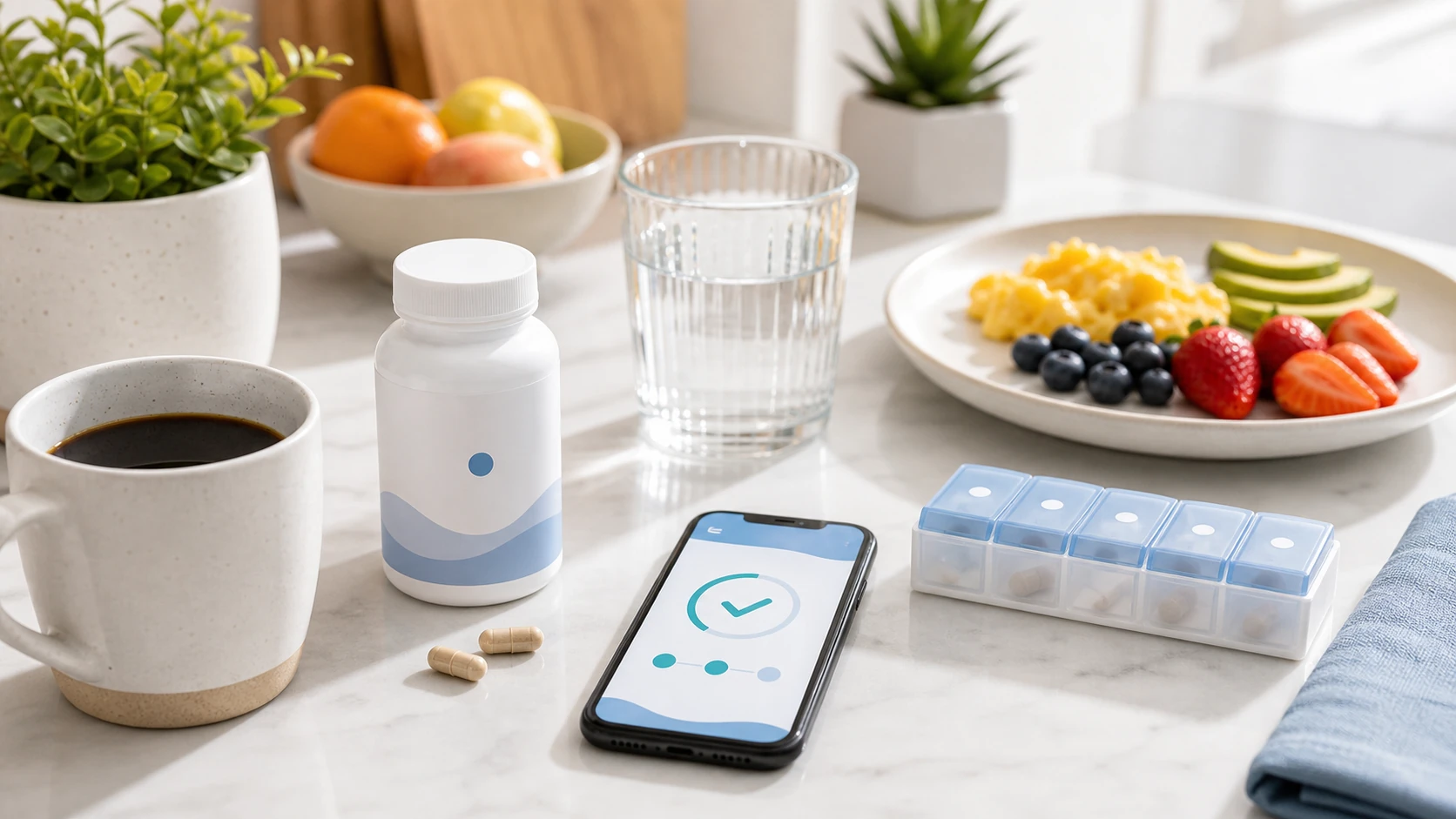 Morning vitamin routine with breakfast, water, and a supplement reminder app.