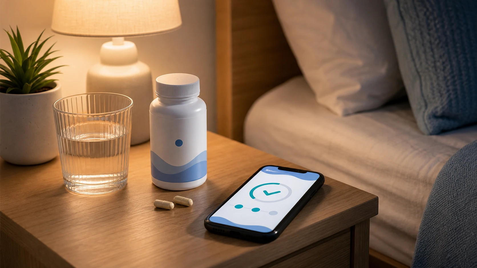 A bedtime supplement setup pairs a night reminder with water and an easy-to-see bottle.