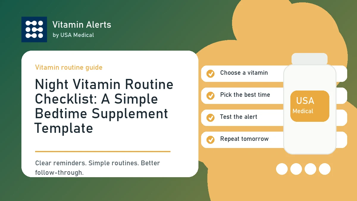 Night vitamin routine checklist with supplements, water, and a bedtime reminder.