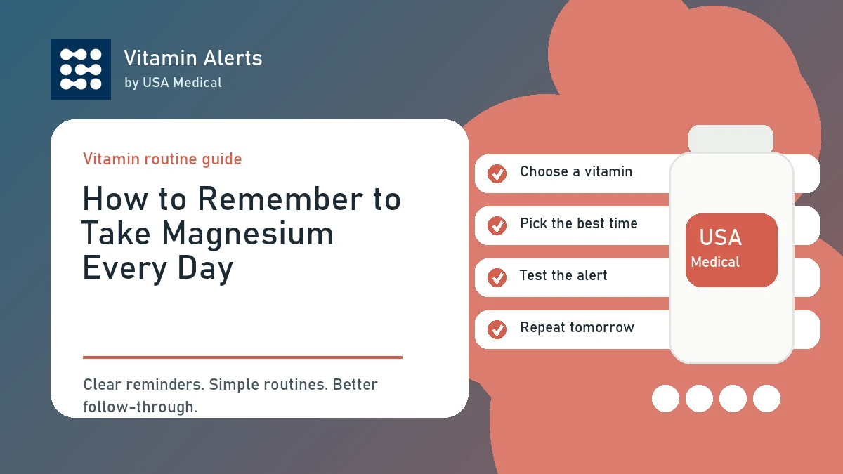 Magnesium reminder setup with supplement bottle, water, and phone alert.