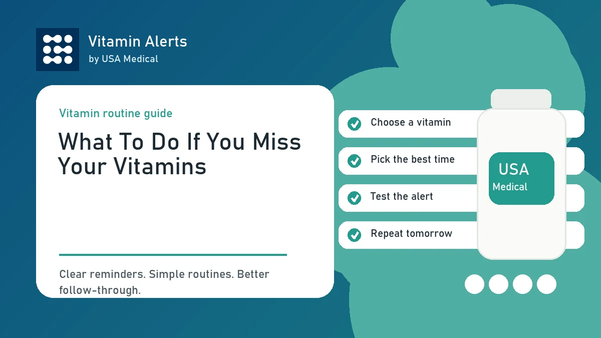 Vitamin reminder setup showing supplements, water, and a phone alert.