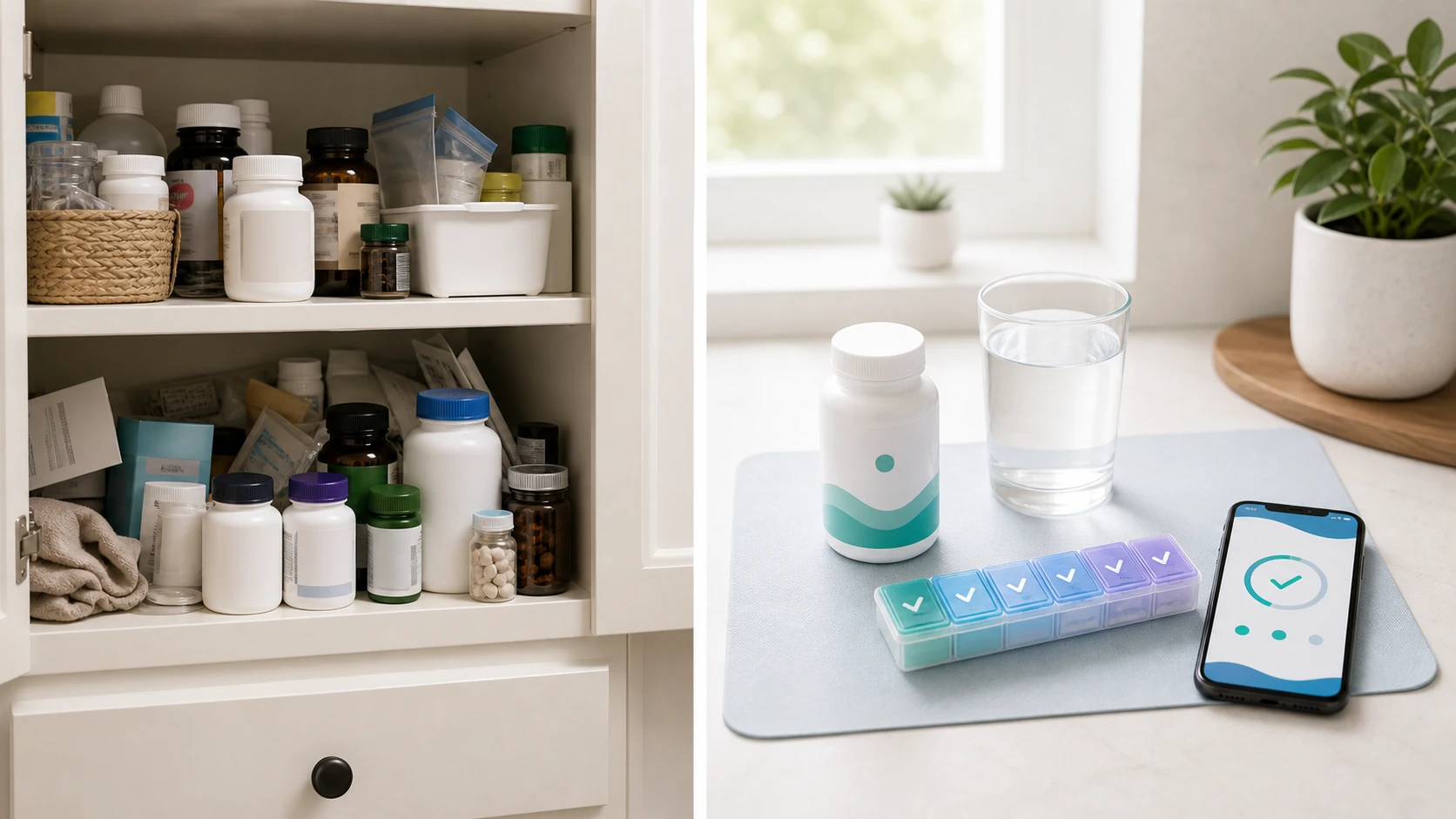 Organized vitamin station showing how to remember daily supplements more easily.