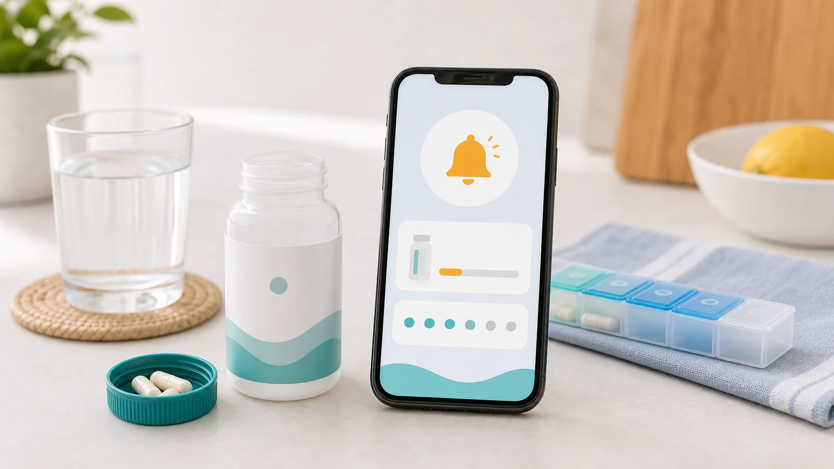 A low-supply reminder setup with a phone alert and a nearly empty supplement bottle.
